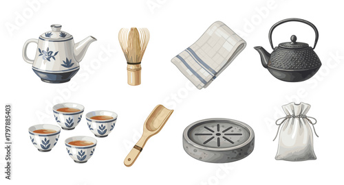 Traditional japanese tea set with ceramic teapots and accessories