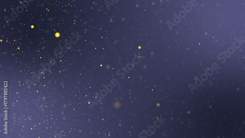 Abstract golden bokeh floats on a dark blue and purple backdrop. A magical, sparkling, and blurry texture.