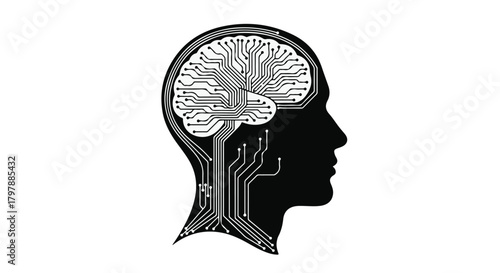 Abstract representation of artificial intelligence and neural networks within a human head silhouette.