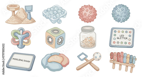 Pastel children's toys and educational play items with soft textures