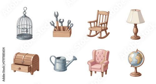 Retro home objects and tools collection in vintage style