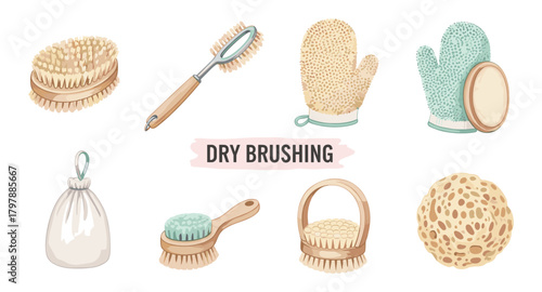 Dry brushing tools collection: brushes, gloves, and accessories