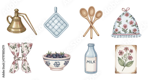 Vintage kitchen essentials with floral patterns and retro charm