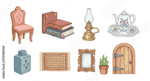 Charming watercolor vintage objects: books, chair, lamp, tea set, and more