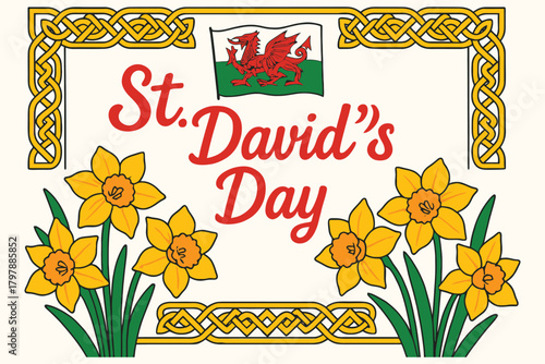 St davids day celebration with welsh flag daffodils and celtic border art