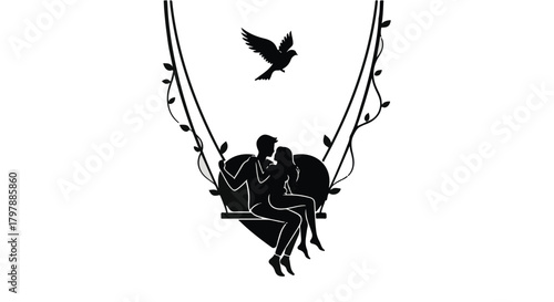 Embracing couple on a heart-shaped swing under a flying dove, symbolizing love and freedom.