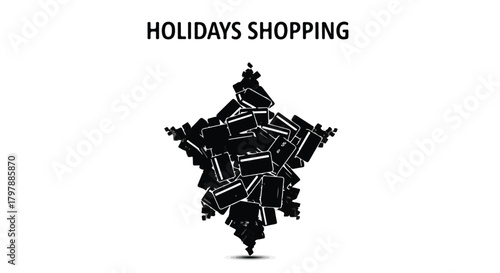 Festive star shape formed by black shopping bags, representing holiday gift buying.
