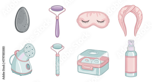 Essential skincare and beauty tools in soft pastel tones for self-care