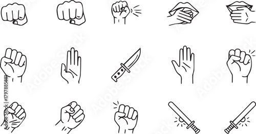 Hand drawn icons of rock paper scissors game and weapons