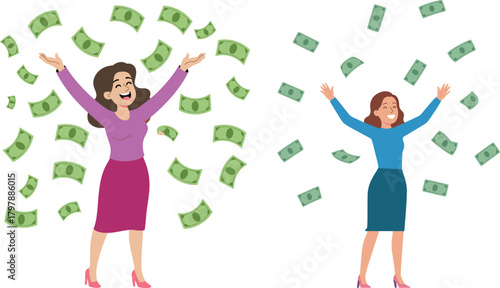 Happy cartoon woman celebrating financial success with money flying around her, wealth freedom prosperity illustration for business finance achievement concept design