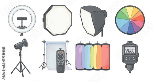 Essential photography equipment: lighting, backdrop, remote, and color wheel collection
