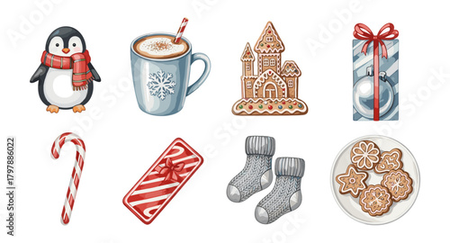 Cute winter holiday icons with penguin, gingerbread, and hot chocolate