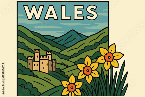 Vintage style illustration of a welsh castle nestled in green rolling hills with daffodils