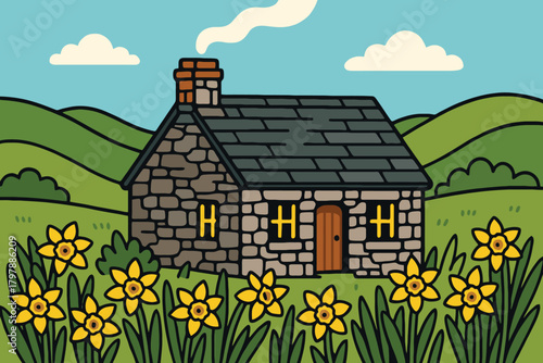 Charming stone cottage nestled in a field of blooming daffodils with rolling green hills in the background