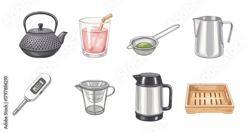 Tea and beverage essentials in realistic style: teapot, thermometer, infuser, and more