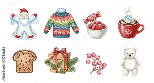 Festive icons: santa, cozy sweater, hot chocolate, and holiday cheer in a flat style