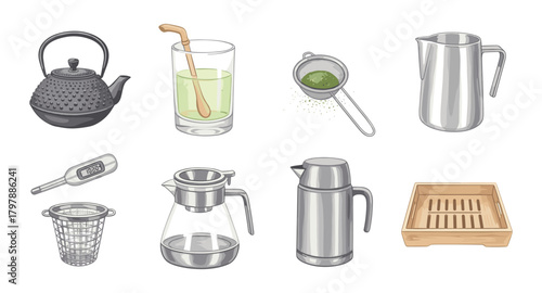 Traditional tea brewing set featuring modern metalware and bamboo utensils for authentic tea ceremony experience