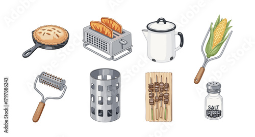 Retro kitchen utensils and appliances with farm elements in vintage style