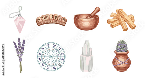 Mystical objects with lavender, zodiac wheel, and crystals for holistic practices