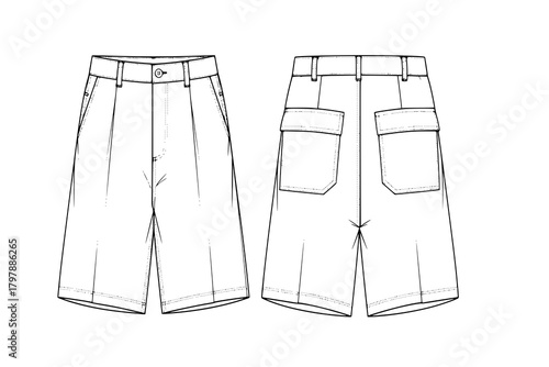 mens wide leg baggy bermuda shorts fashion flat sketch vector illustration technical cad drawing template
