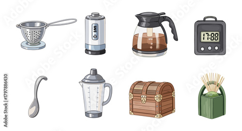 Collection of kitchen and household items in hand-drawn style