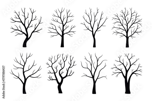 Naked trees silhouettes set featuring hand-drawn, isolated illustrations perfect for seasonal designs, winter landscapes, nature art projects, creative backgrounds, botanical themes, and minimalist de