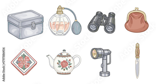 Vintage collection of retro accessories and home items in elegant watercolor style
