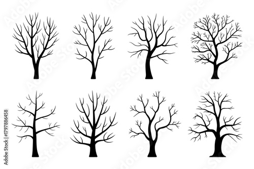 Naked trees silhouettes set featuring hand-drawn, isolated illustrations perfect for seasonal designs, winter landscapes, nature art projects, creative backgrounds, botanical themes, and minimalist de