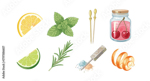 Cocktail garnishes and ingredients set with citrus, herbs, and decorative accents