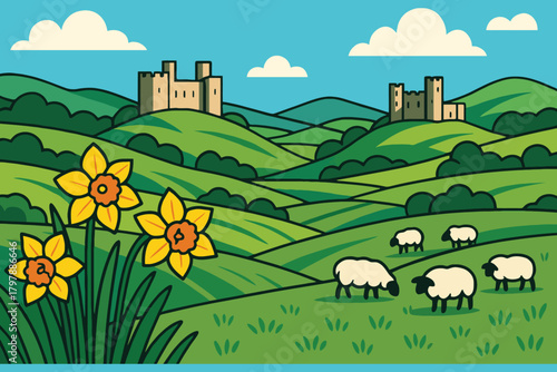 Charming cartoon illustration of rolling green hills with daffodils sheep and castles under a blue sky