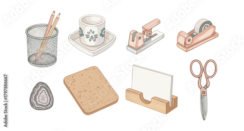 Office supplies collection in soft pastel tones