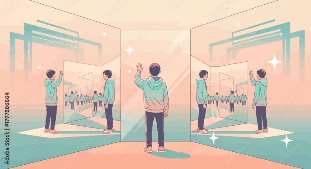 Obraz premium Illustration depicting a man standing in front of mirrors reflecting an endless crowd