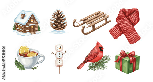 Festive winter icons: cozy cabin, pine cone, sled, scarf, hot drink, marshmallow snowman, cardinal, gift