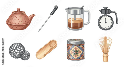 Vintage tea and coffee utensils collection with rustic and modern styles