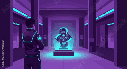 Futuristic Art Gallery with Illuminated Sculpture and Person Contemplating Art in Purple Hues