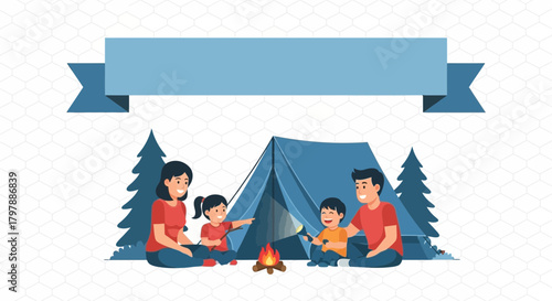 Happy family camping with tent and campfire in the forest illustration
