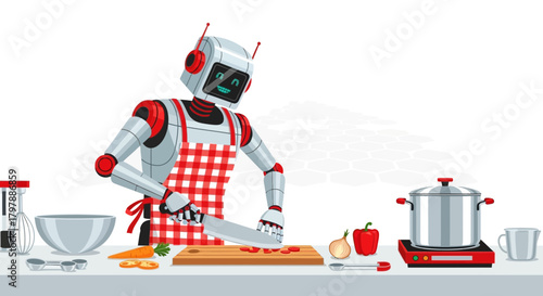Illustration of a Futuristic Robot Chef Preparing Food in a Modern Kitchen Environment
