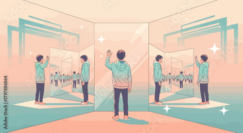 Illustration depicting a man standing in front of mirrors reflecting an endless crowd
