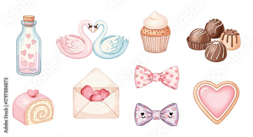 Romantic sweets and symbols: swans, cupcakes, and heart motifs in pastel tones