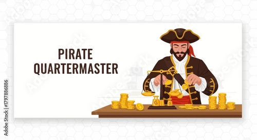 Illustration of a meticulous pirate quartermaster diligently weighing gold coins for equitable