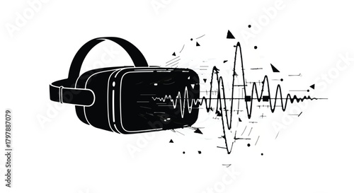 Immersive virtual reality headset emitting digital soundwaves and data streams into abstract futuristic space.