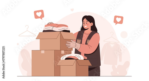 Woman packing donations for charity concept, spreading kindness and love through volunteering effort