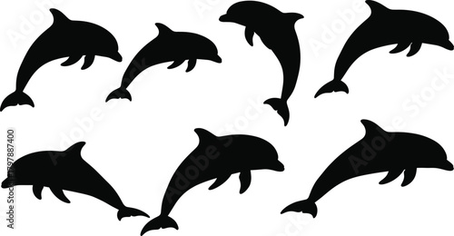 Dolphin silhouettes, marine animal, ocean wildlife, swimming motion, aquatic creature, leaping dolphin, sea illustration, nature design, animal shape, underwater movement