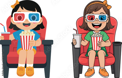 Cute cartoon girl watching 3D movie in cinema seat holding popcorn and soda, fun entertainment illustration for kids theatre watching experience artwork