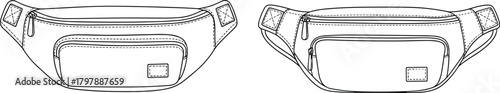 Waist bag technical sketch, front views with zipper and label detail, fashion accessory design, flat vector illustration set