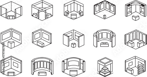 Collection of isometric line art icons representing various exhibition booth designs and trade show stands