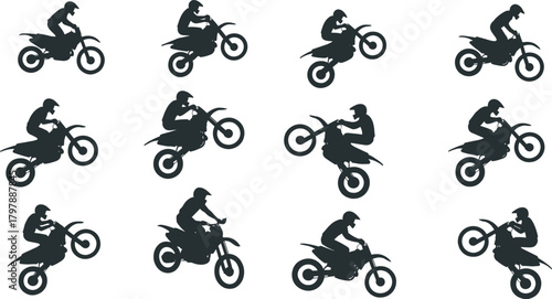 Dirt bike stunt silhouettes, rider performing wheelies and maneuvers, dynamic poses and angles, extreme sport concept, flat vector illustration