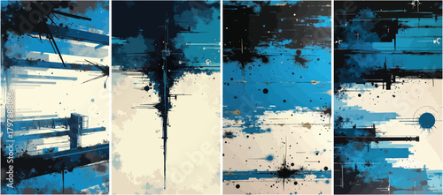 Set of abstract geometric grunge background in navy blue, cyan, and cream, featuring distressed brushstrokes, ink splatters, and glitch-style digital distortion — vector panel collection