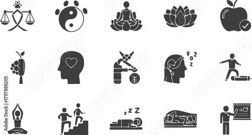 Compilation of black silhouette icons symbolizing wellness, health, balance, and mindful living practices