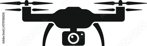 Quadcopter drone silhouette, four propellers with mounted camera and landing gear, aerial technology concept, surveillance and photography, vector illustration
